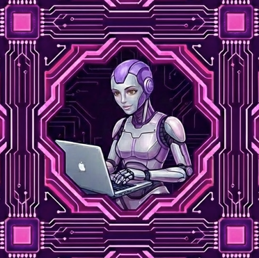 A smiling robot working on a laptop computer.